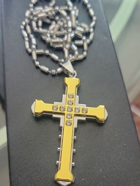 Gold-Tone Cross Pendant Necklace with Clear Crystals